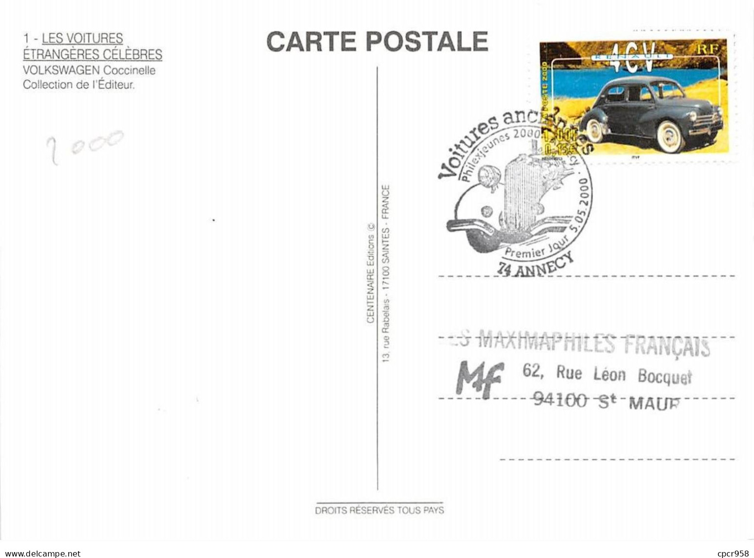 Carte Maximum - FRANCE - COR12937 - 05/05/2000 - Voitures Anciennes - Coccinelle -  Cachet Annecy - 2000-2009