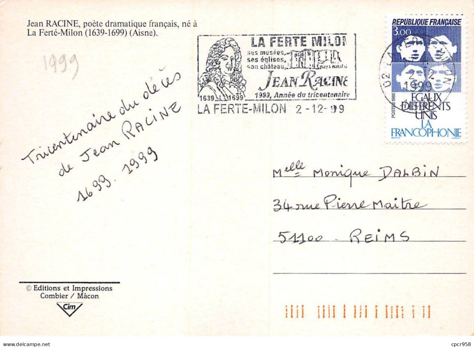 Carte Maximum - FRANCE - COR12905 - 1999 - Racine  -  Cachet La Ferté-Milon - 1990-1999