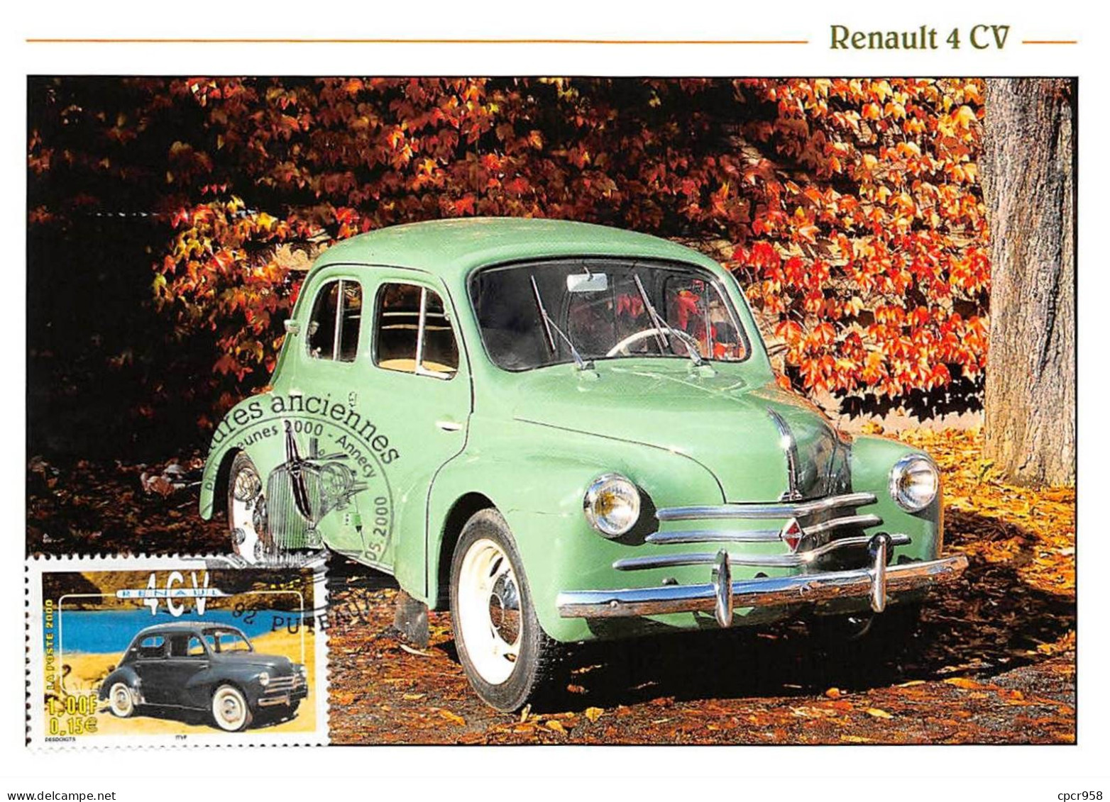 Carte Maximum - FRANCE - COR12938 - 05/05/2000 - Voitures Anciennes - Renault 4CV -  Cachet Puteaux - 2000-2009