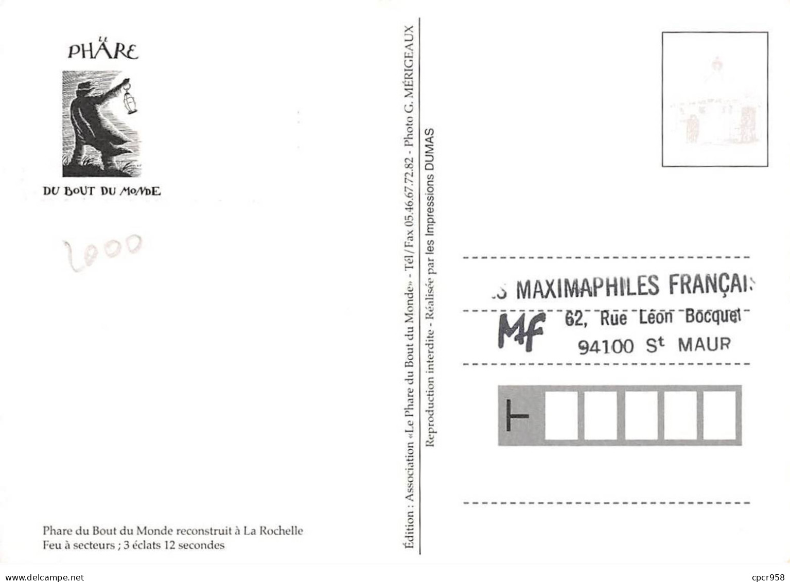 Carte Maximum - FRANCE - COR12948 - 10/06/2000 - Le Phare Du Bout Du Monde -  Cachet La Rochelle - 2000-2009