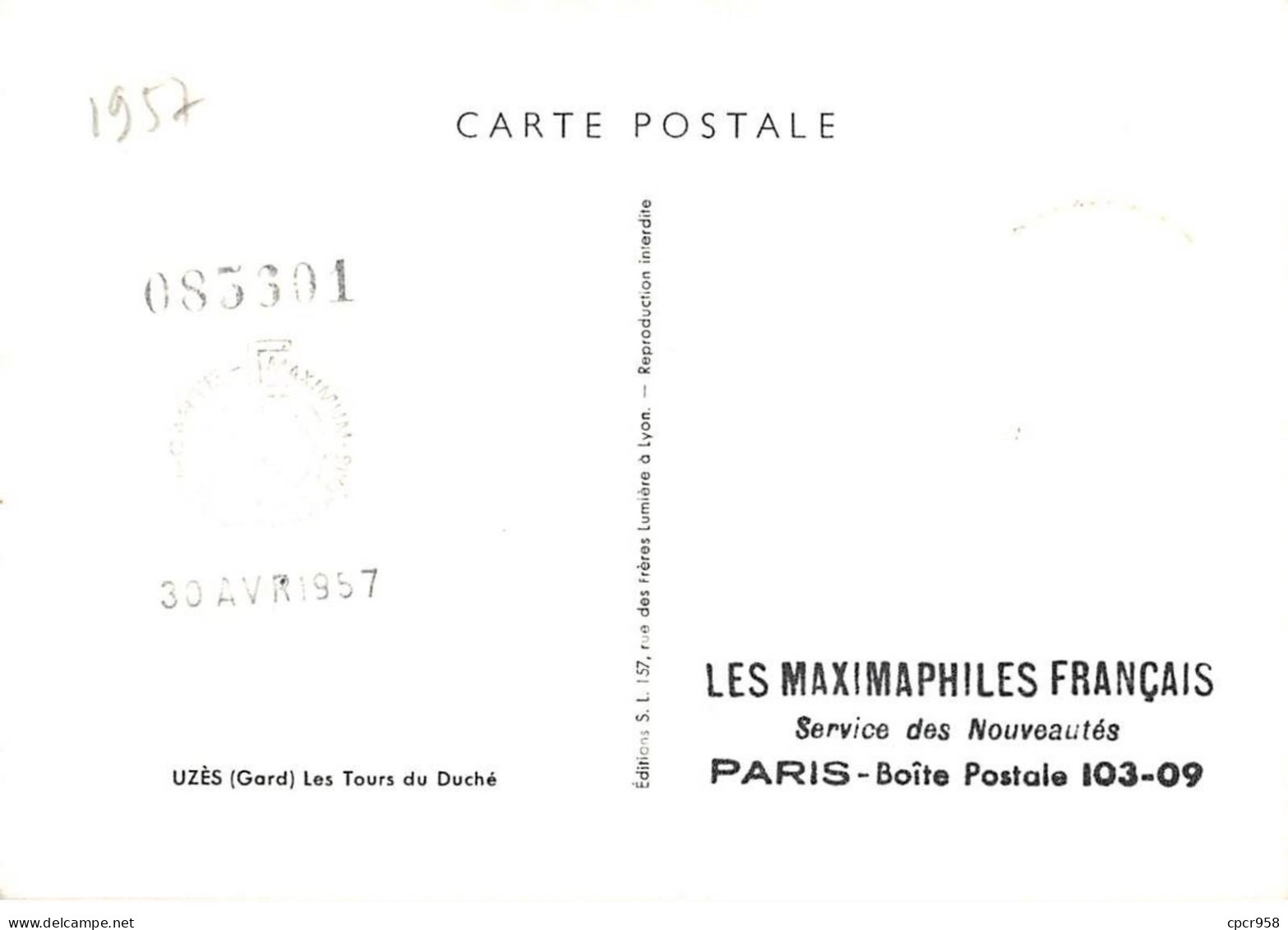 Carte Maximum - FRANCE - COR12593 - 27/04/1957 - Les Tours Du Duché - Cachet Uzès - - 1950-1959