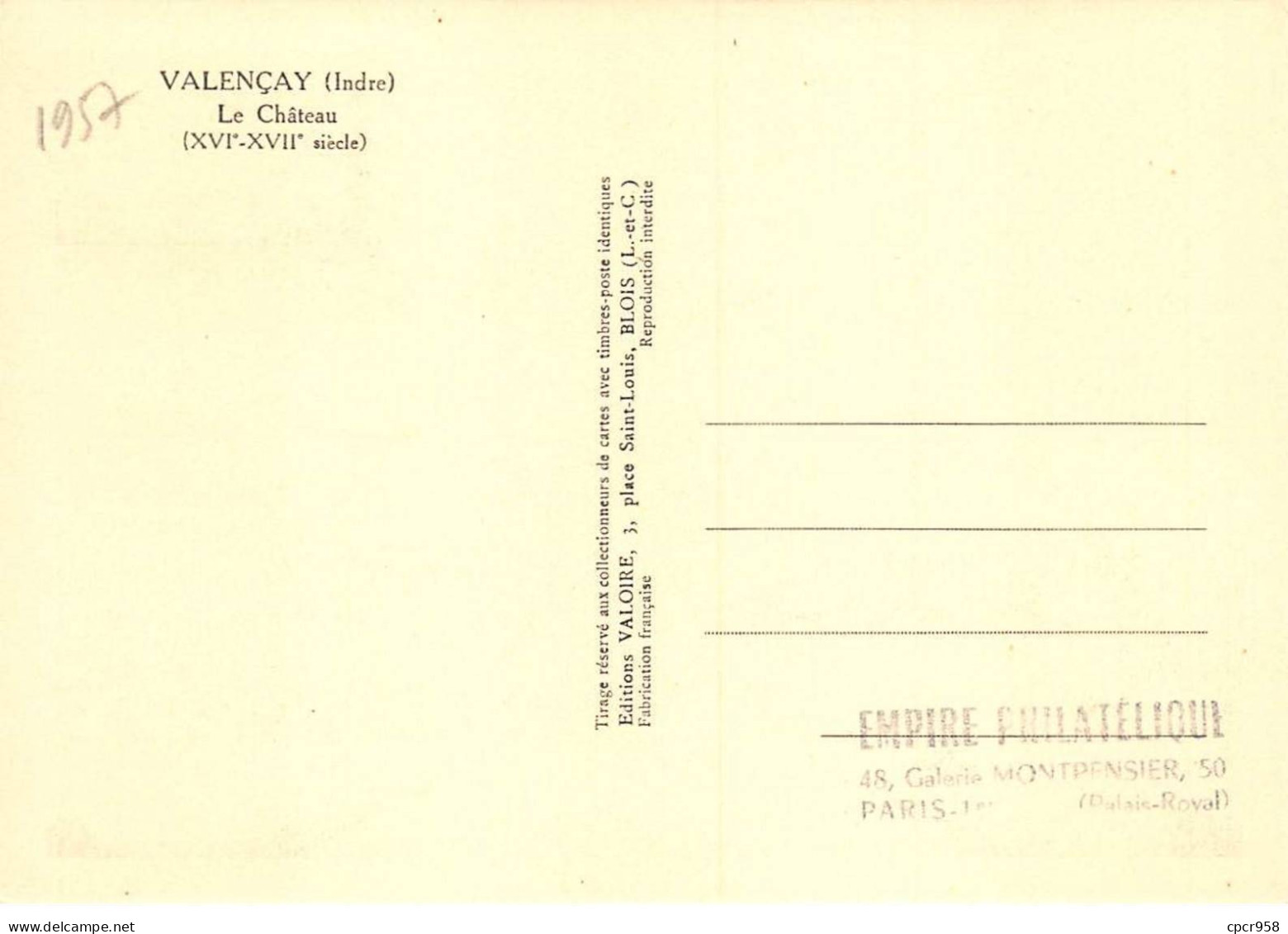 Carte Maximum - FRANCE - COR12629 - 19/10/1957 - Château De Valençay - Cachet Valençay - - 1950-1959