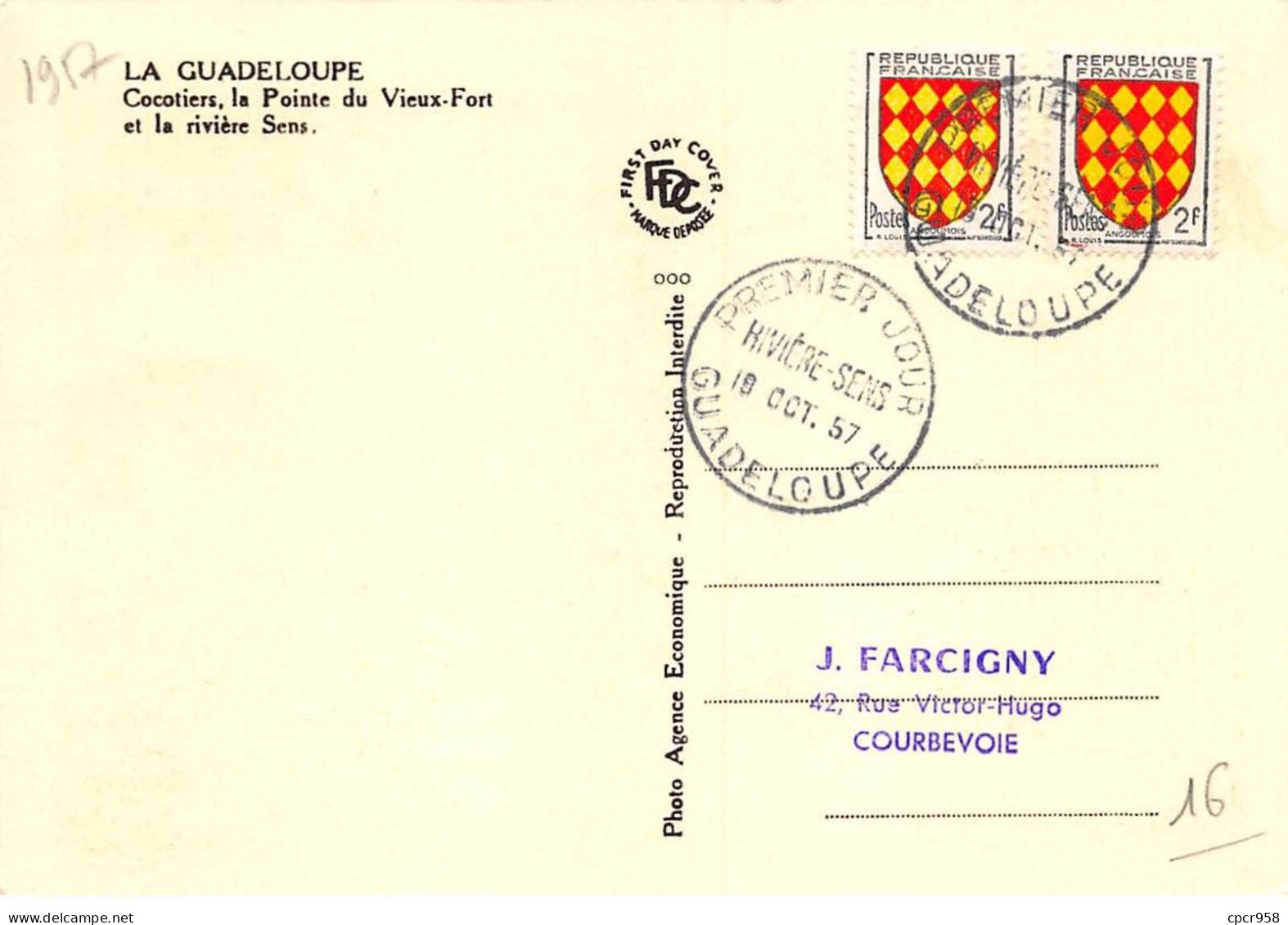 Carte Maximum - FRANCE - COR12630 - 19/10/1957 - Cocotiers, Pointe Du Vieux-Fort Et Rivière Sens - Cachet Guadeloupe - - 1950-1959
