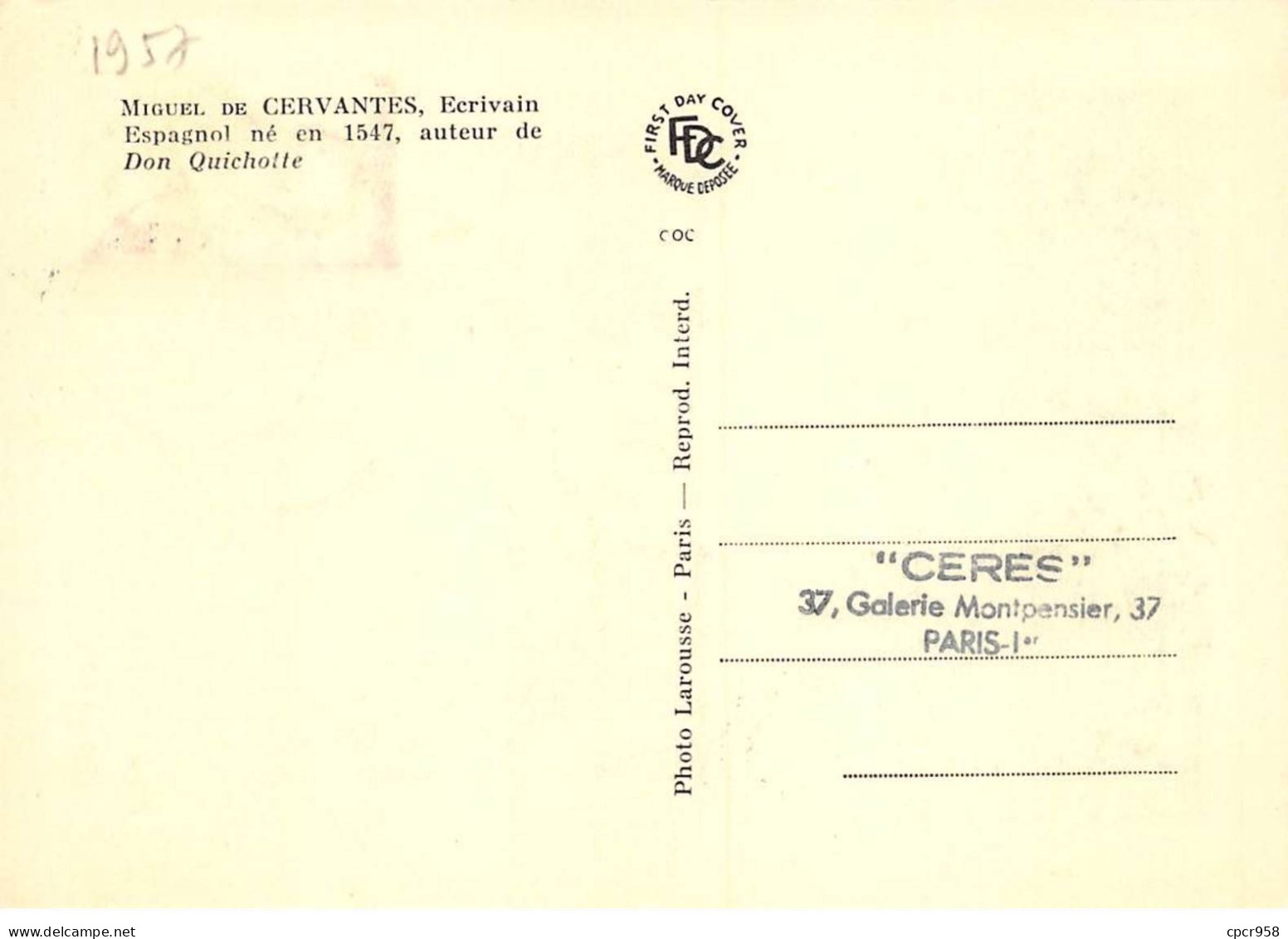 Carte Maximum - FRANCE - COR12645 - 09/11/1957 - Cervantès - Cachet Paris - - 1950-1959