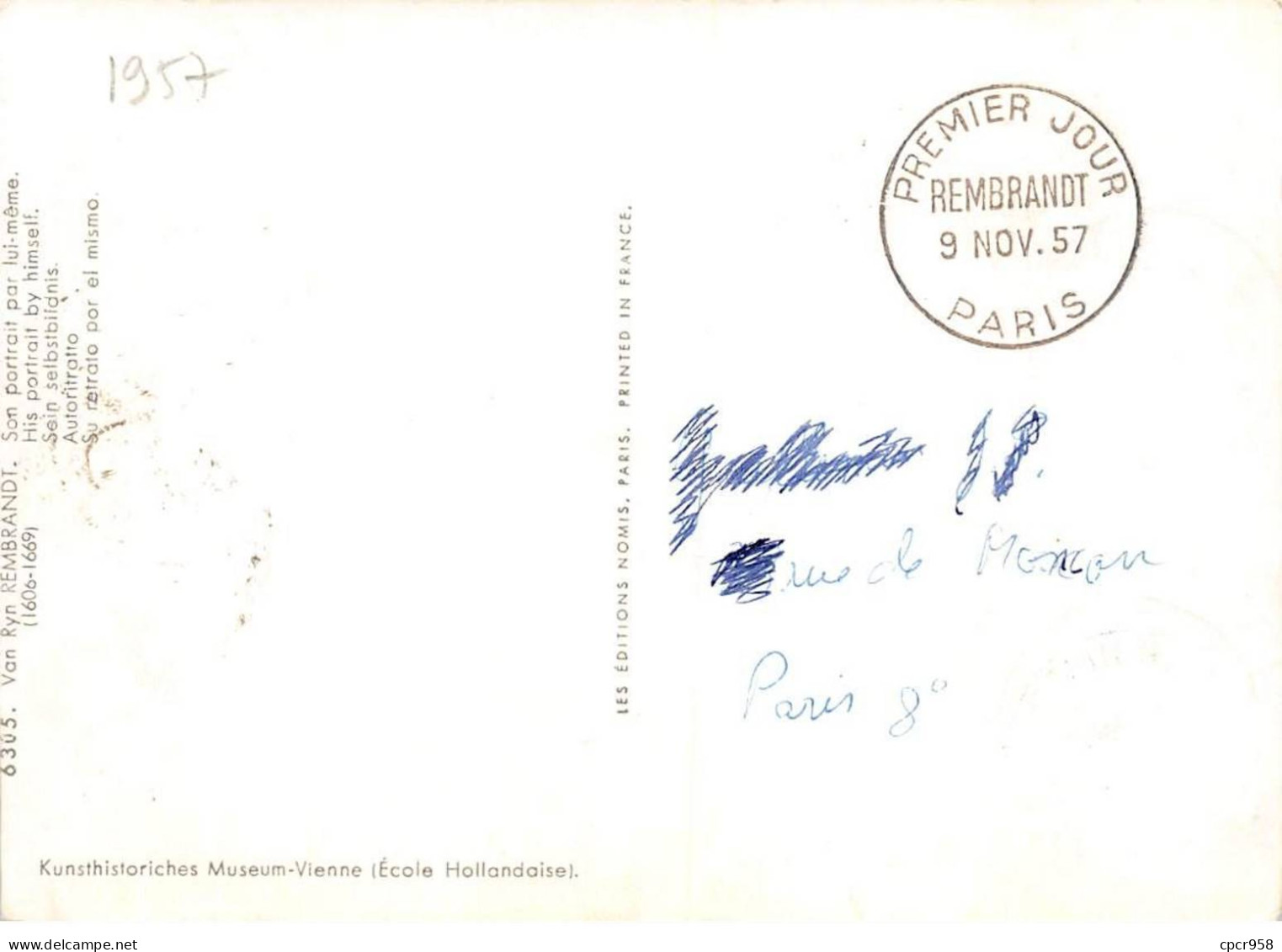 Carte Maximum - FRANCE - COR12648 - 09/11/1957 - Rembrandt - Cachet Paris - - 1950-1959