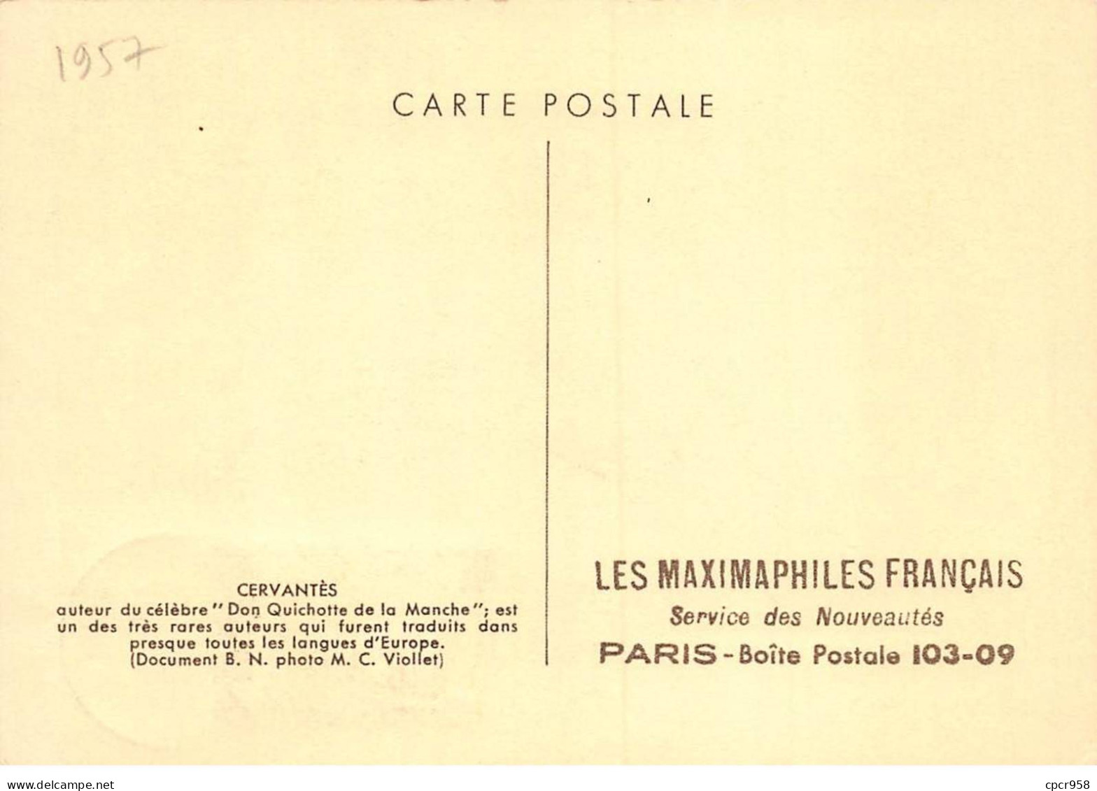 Carte Maximum - FRANCE - COR12644 - 09/11/1957 - Cervantès - Cachet Paris - - 1950-1959
