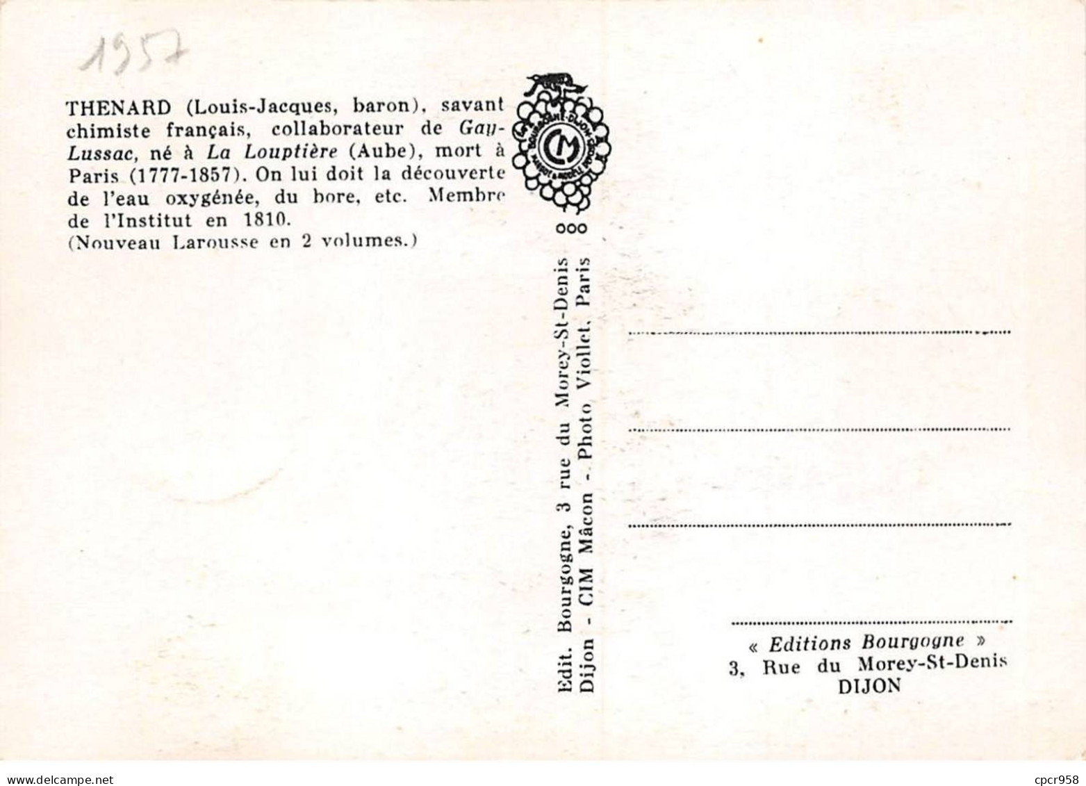 Carte Maximum - FRANCE - COR12651 - 30/11/1957 - Baron L-J Thenard - Cachet La Louptière-Thenard - - 1950-1959