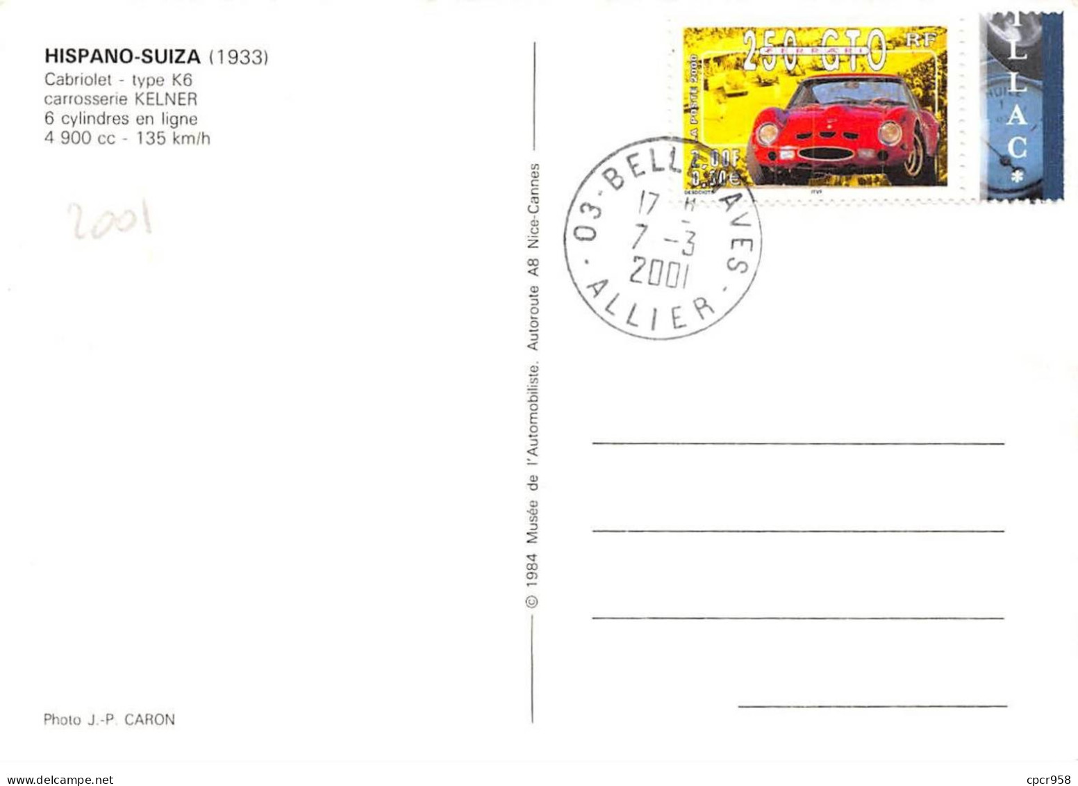 Carte Maximum - FRANCE - COR12988 - 07/03/2001 - Hispano-Suiza - Cachet Bellenaves - 2000-2009