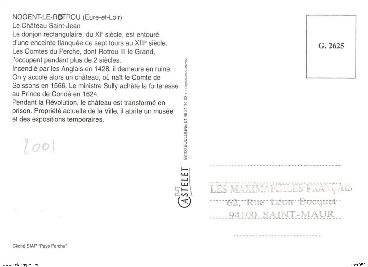 Carte Maximum - FRANCE - COR13008 - 28/04/2001 - Nogent-Le-Rotrou - Cachet Nogent-Le-Rotrou - 2000-2009