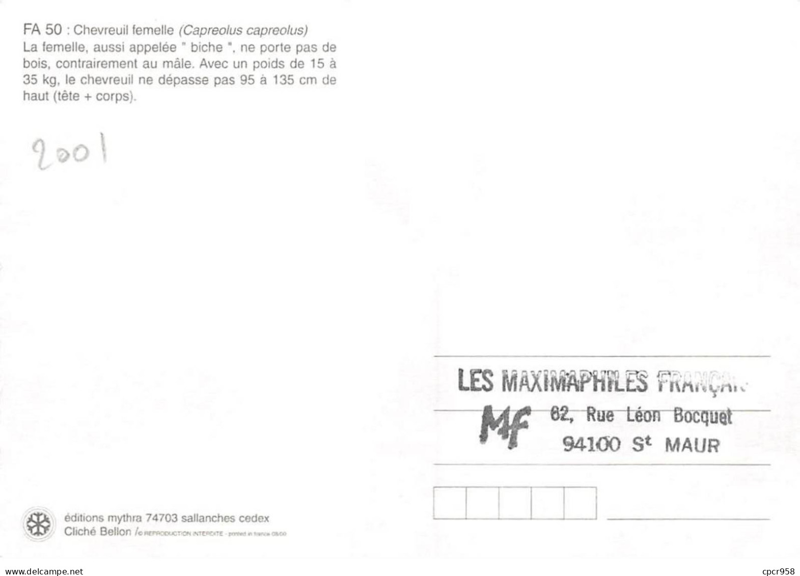 Carte Maximum - FRANCE - COR13004 - 21/04/2001 - Le Chevreuil - Cachet Vannes - 2000-2009