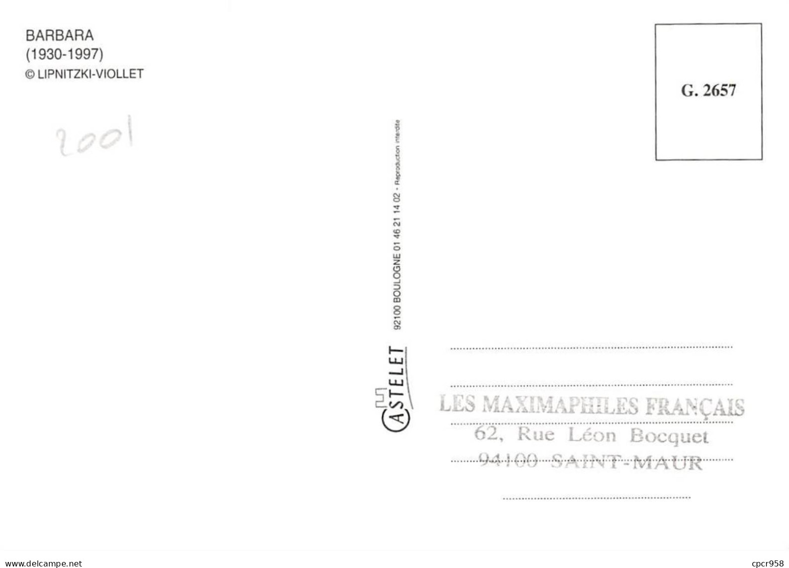 Carte Maximum - FRANCE - COR13018 - 19/05/2001 - Barbara - Cachet Paris - 2000-2009