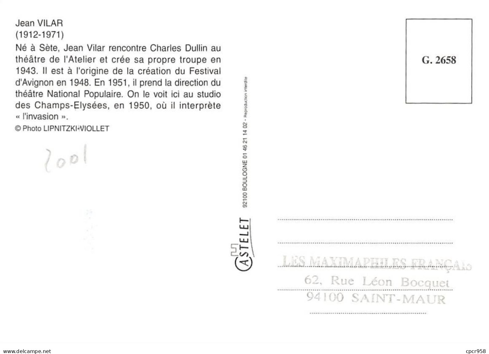 Carte Maximum - FRANCE - COR13026 - 07/06/2001 - Jean Vilar - Cachet Avignon - 2000-2009