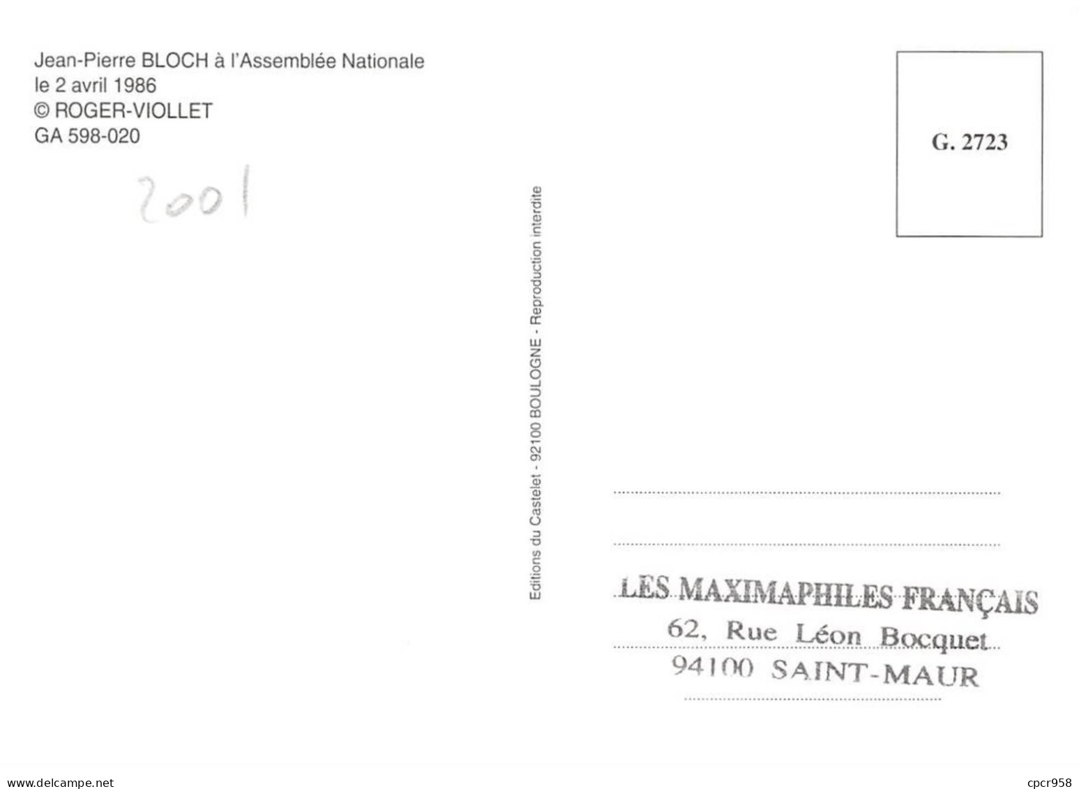Carte Maximum - FRANCE - COR13051 - 08/11/2001 - Jean Pierre Bloch - Cachet Paris - 2000-2009