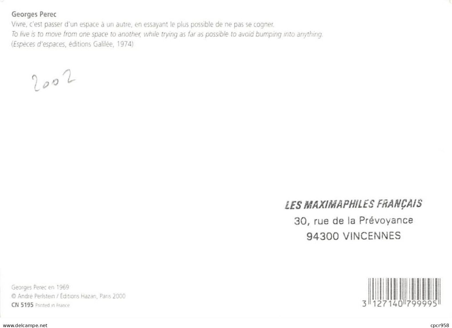 Carte Maximum - FRANCE - COR13141 - 21/09/2002 - Georges Perec - Cachet Paris - 2000-2009