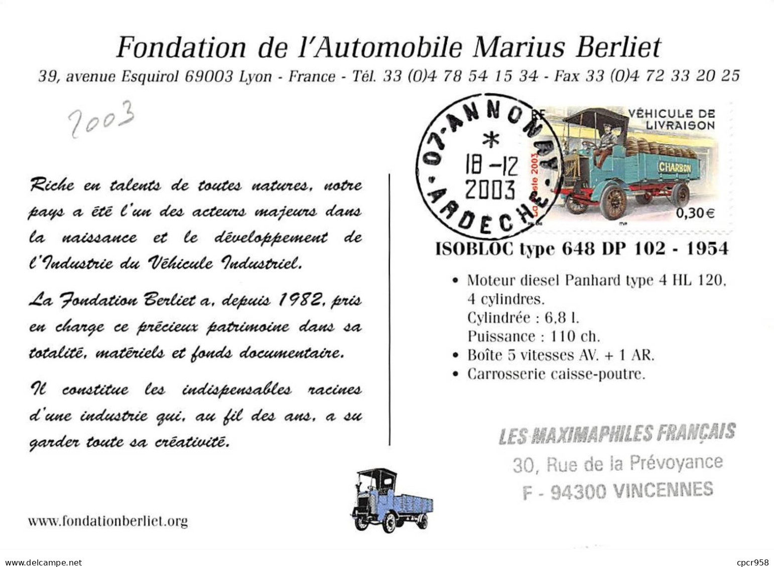 Carte Maximum - FRANCE - COR13196 - 18/12/2003 - Autocar Isobloc 648 DP 102-1954 - Cachet Annonay - 2000-2009