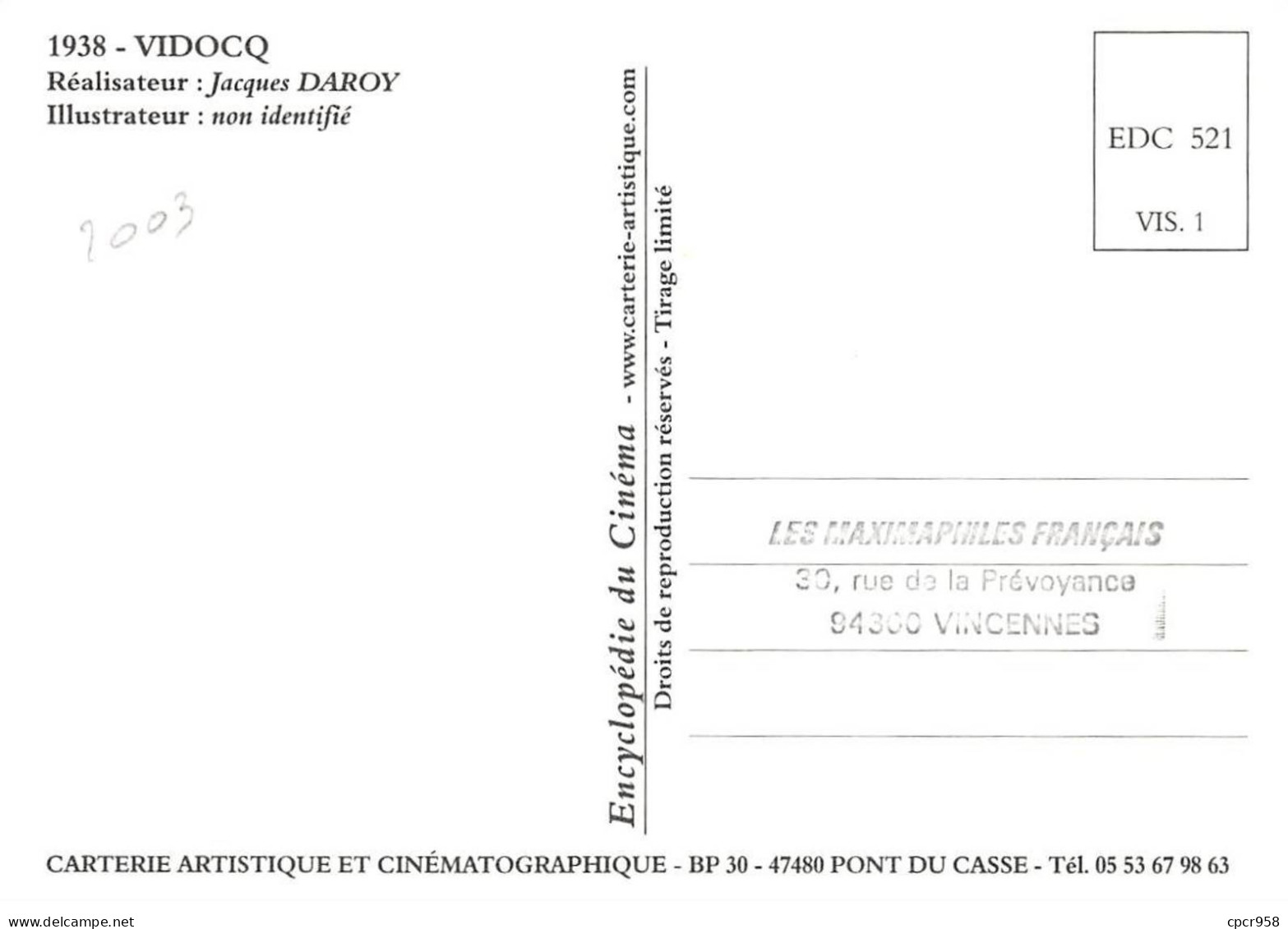 Carte Maximum - FRANCE - COR13214 - 30/08/2003 - Vidocq - Cachet Paris - 2000-2009