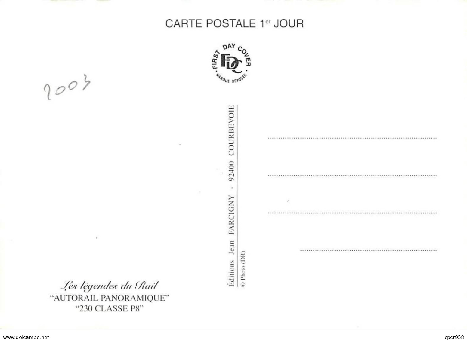 Carte Maximum - FRANCE - COR13235 - 01/06/2003 - Autorail Panoramique - 230 Classe P8 - Cachet Paris - 2000-2009