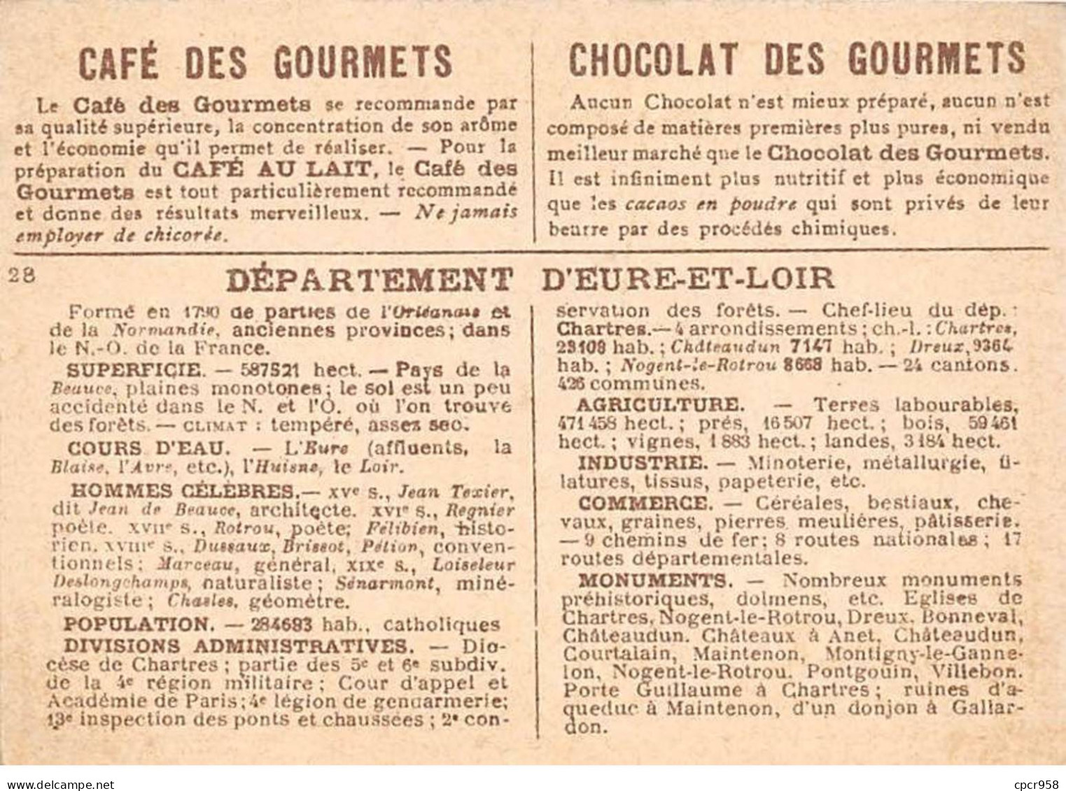 CHROMOS.AM22801.Chocolat Des Gourmets.8x11 Cm Env.Carte Département.Eure Et Loir - Otros & Sin Clasificación