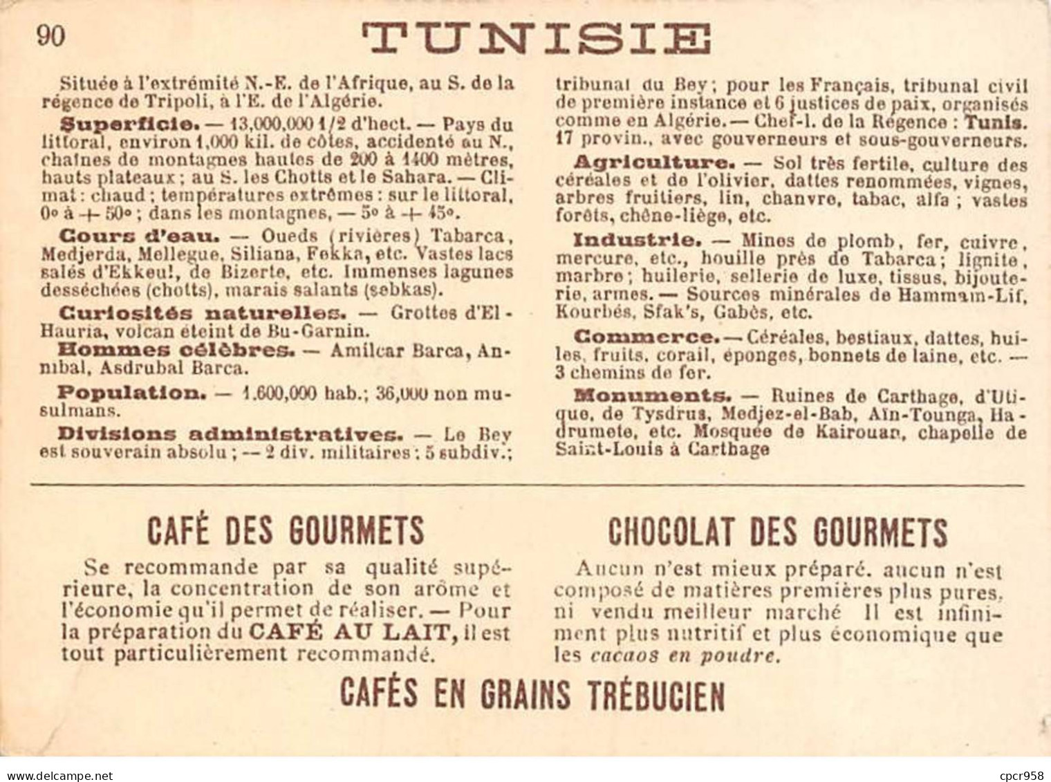 CHROMOS.AM22802.Chocolat Des Gourmets.8x11 Cm Env.Carte Tunisie - Otros & Sin Clasificación