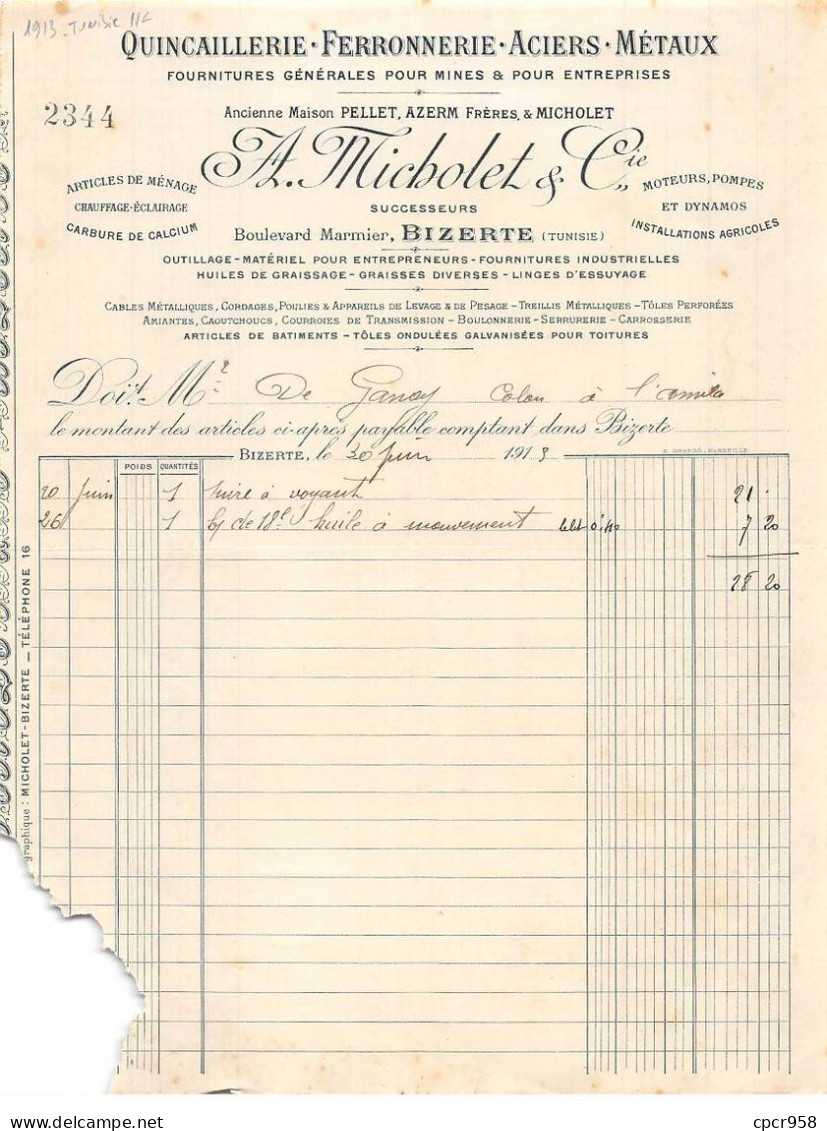 Facture.AM20780.Tunisie.Bizerte.A Micholet & Cie.Quincaillerie.Ferronnerie.Acier.Métaux.Mines - Autres & Non Classés