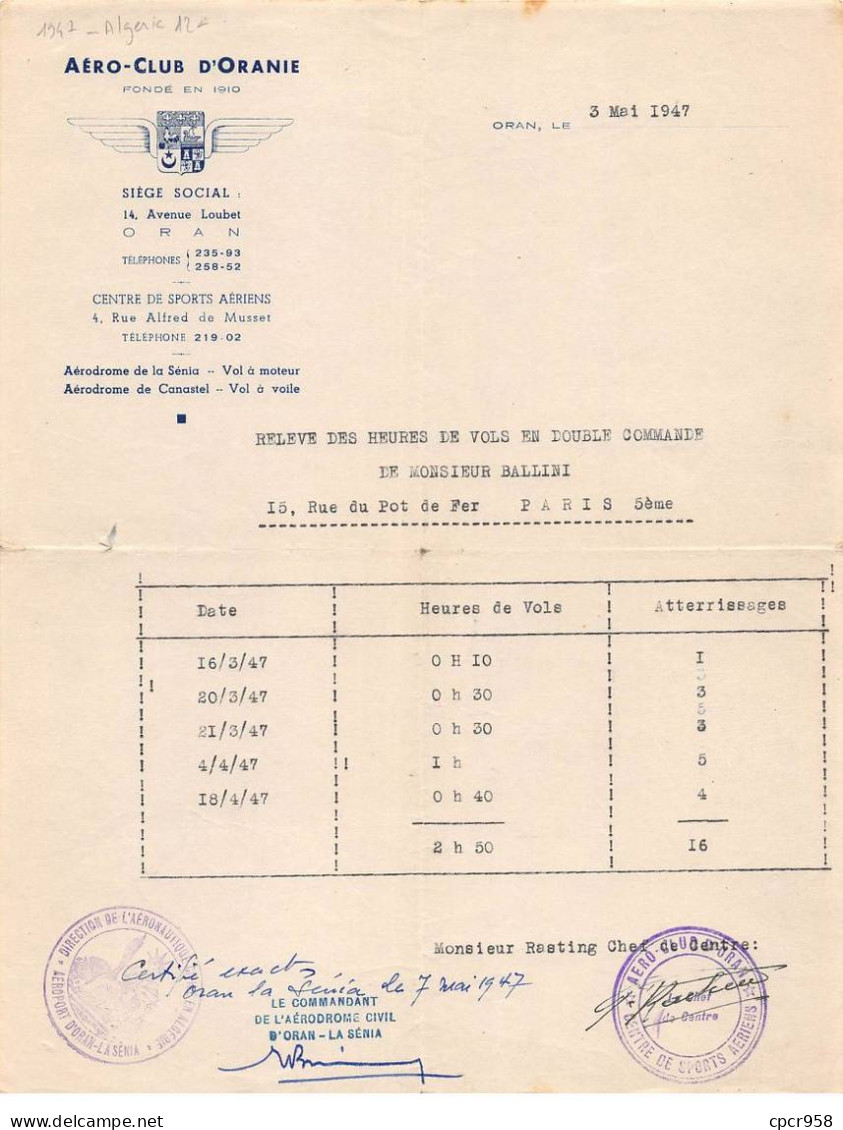 Facture.AM20782.Algérie.Oran.1947.Aéro-club D'Oranie.Sport Aérien - Altri & Non Classificati