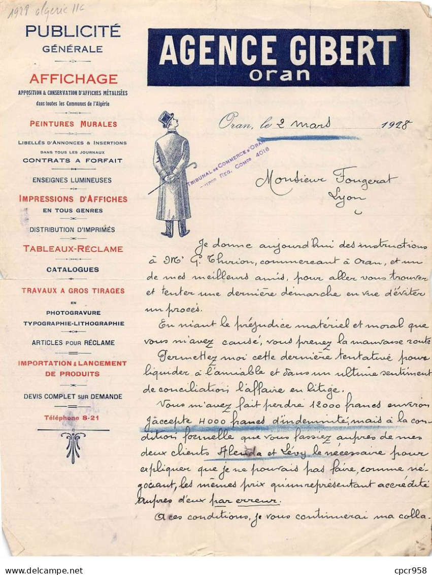 Facture.AM20799.Algérie.Oran.1928.Agence Gibert.Affiche.Tableau.Photogravure.Typographie.Lithographie - Sonstige & Ohne Zuordnung