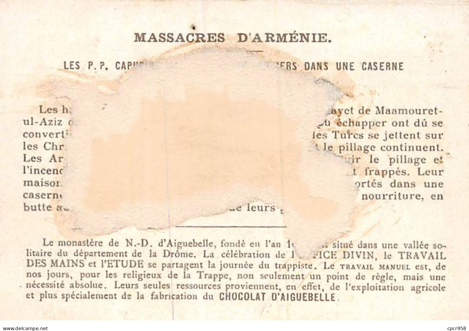 Chromos - COR14667 - Chocolaterie D'Aiguebelle - Capucins De Malata - Hommes - Prisonniers - 10x7 Cm  - En L'état - Aiguebelle