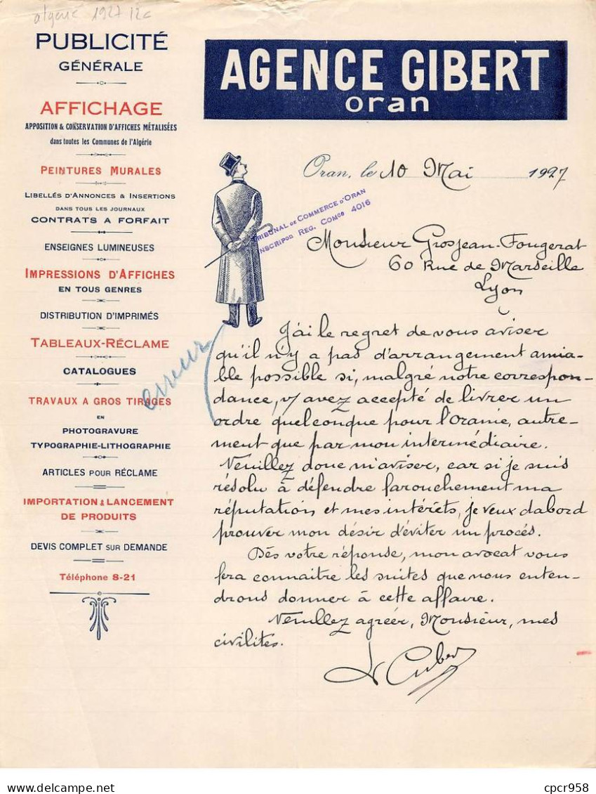 Facture.AM20809.Algérie.Oran.1927.Agence Gibert.Publicité Générale - Otros & Sin Clasificación