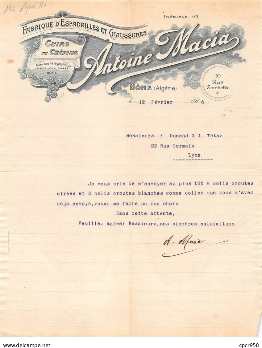 Facture.AM20801.Algérie.Bône.1916.Antoine Macia.Fabrique D'espadrilles Et Chaussures.Cuirs.Crépins - Other & Unclassified