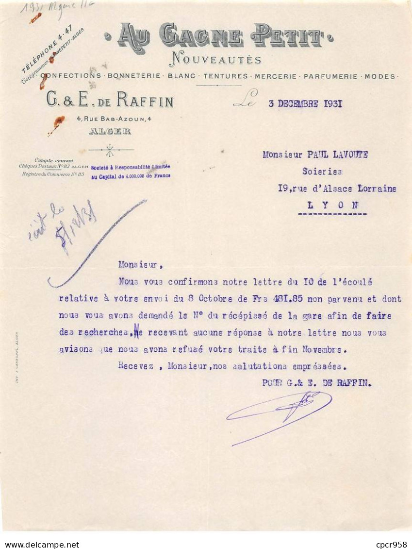 Facture.AM20802.Algérie.Alger.1931.G & E De Raffin.Au Gagne Petit.Bonneterie.Blanc.Teinture.Mercerie.Parfumerie.Modes - Andere & Zonder Classificatie