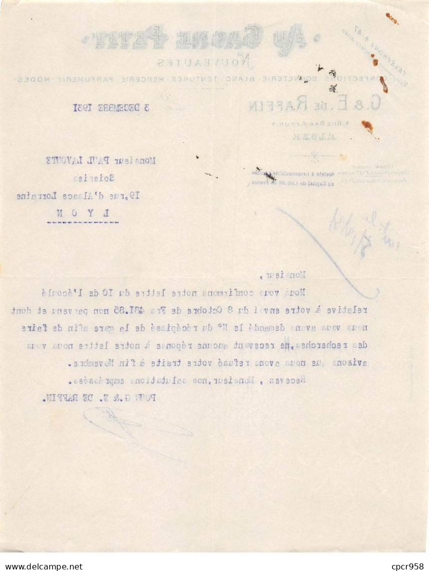 Facture.AM20802.Algérie.Alger.1931.G & E De Raffin.Au Gagne Petit.Bonneterie.Blanc.Teinture.Mercerie.Parfumerie.Modes - Sonstige & Ohne Zuordnung