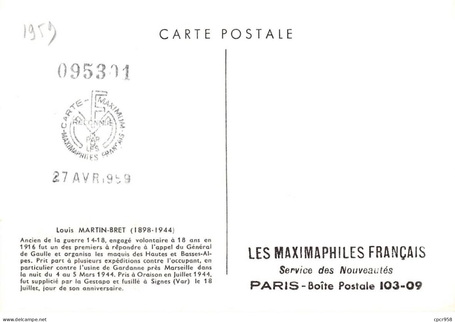 Carte Maximum - FRANCE - COR12728 - 25/04/1959 - Louis Martin-Bret - Cachet Marseille - 1950-1959