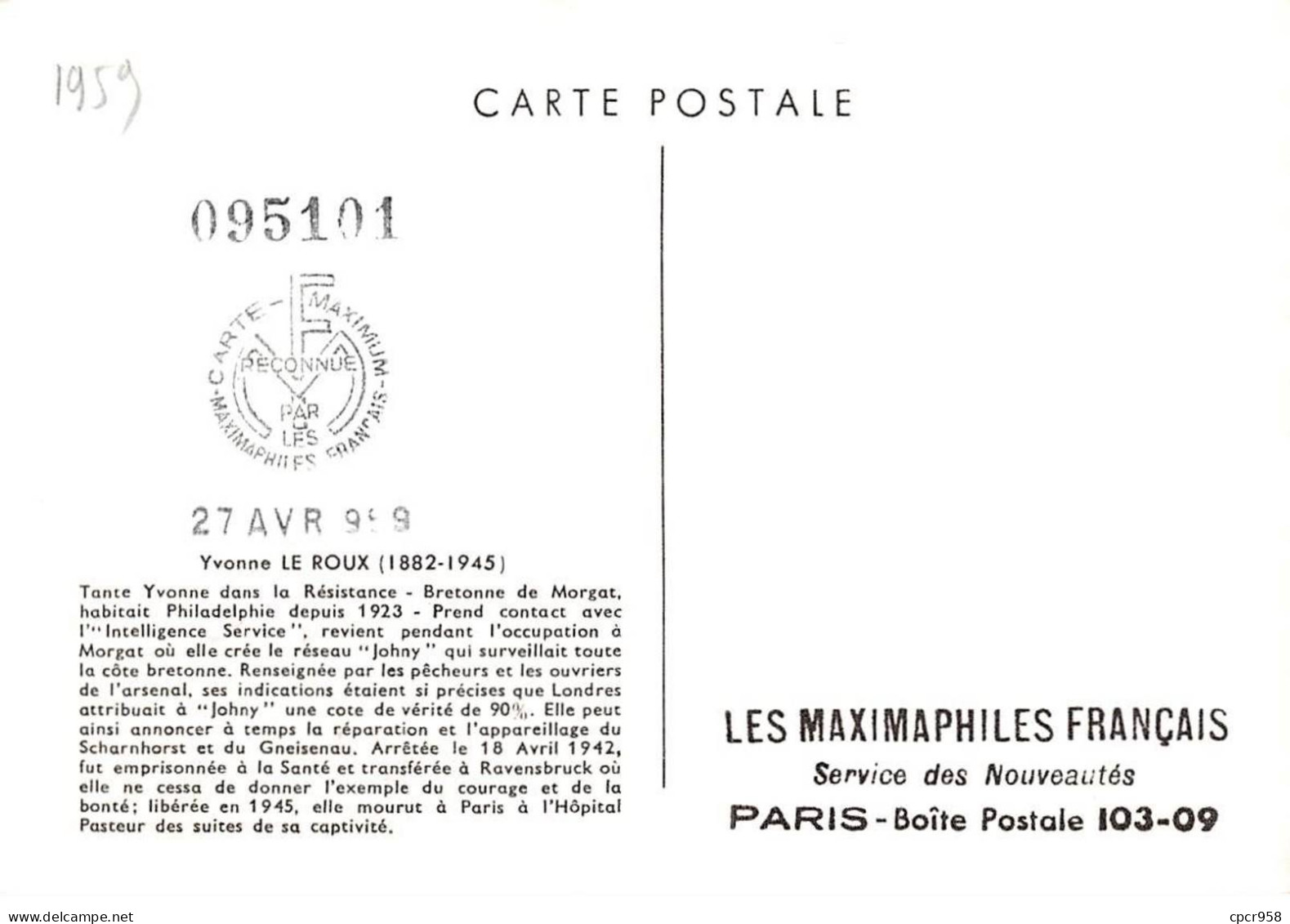 Carte Maximum - FRANCE - COR12725 - 25/04/1959 - Yvonne Le Roux - Cachet Toulon - 1950-1959