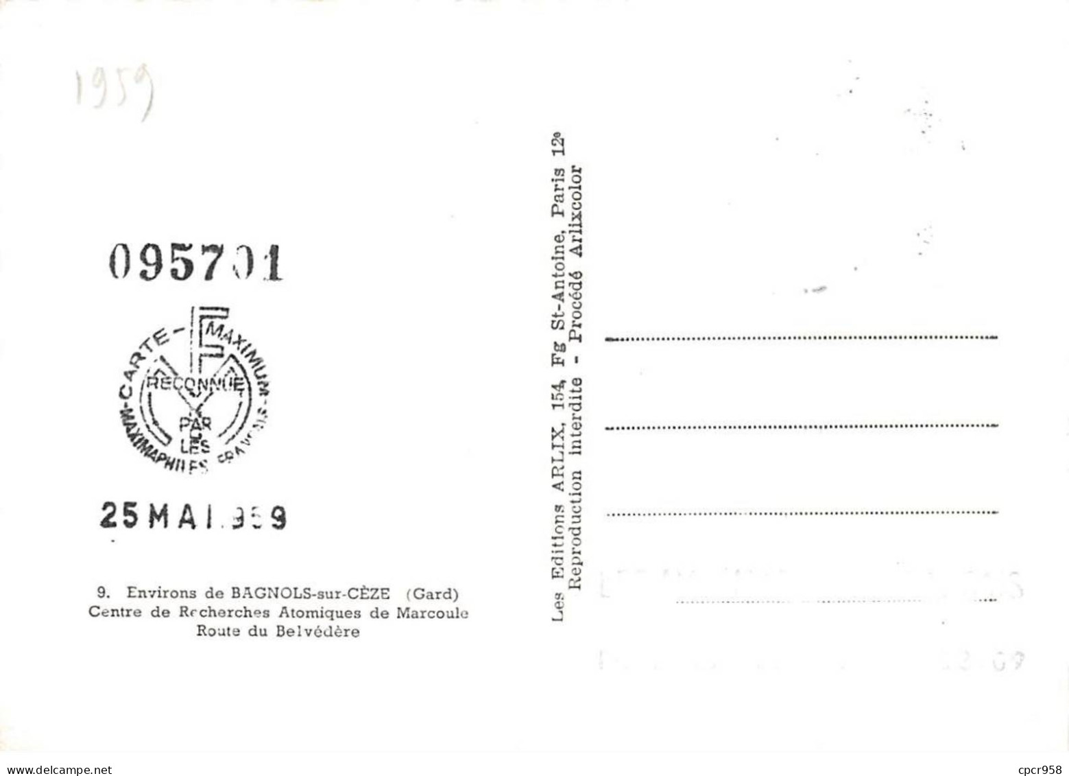 Carte Maximum - FRANCE - COR12733 - 23/05/1959 - Centre Atomique De Marcoule - Cachet Chusclan - 1950-1959