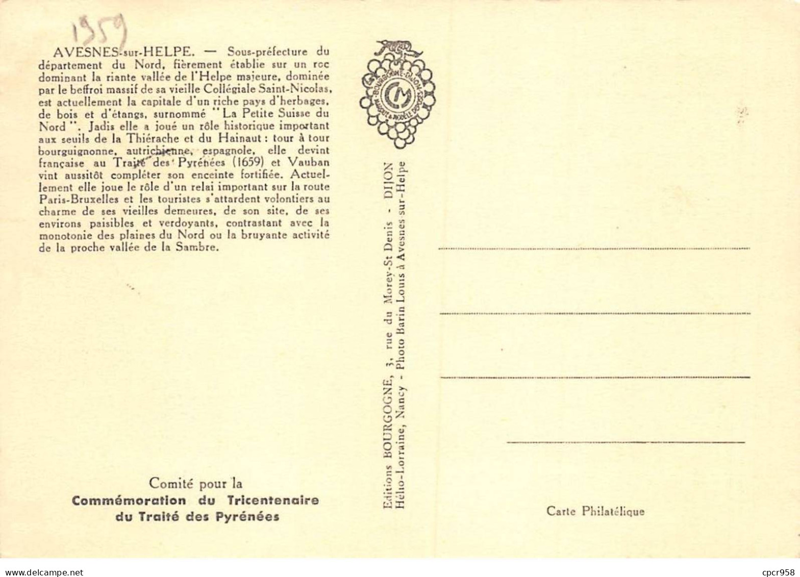 Carte Maximum - FRANCE - COR12758 - 14/11/1959 - Avesnes-sur-Helpe - Cachet Avesnes-sur-Helpe - 1950-1959
