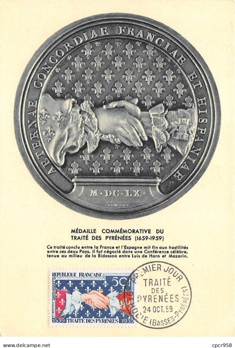 Carte Maximum - FRANCE - COR12763 - 24/10/1959 - Médaille Commémorative Du Traité Des Pyrénées - Cachet Behobie - 1950-1959