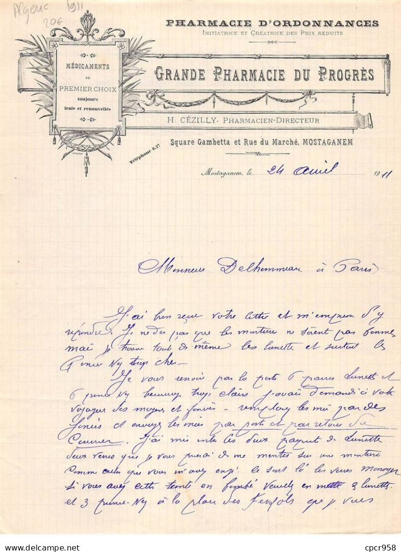 Facture.AM20578.Algérie.Mostaganem.1911.Grande Pharmacie Du Progrès.Ordonnance.Médicaments - Autres & Non Classés