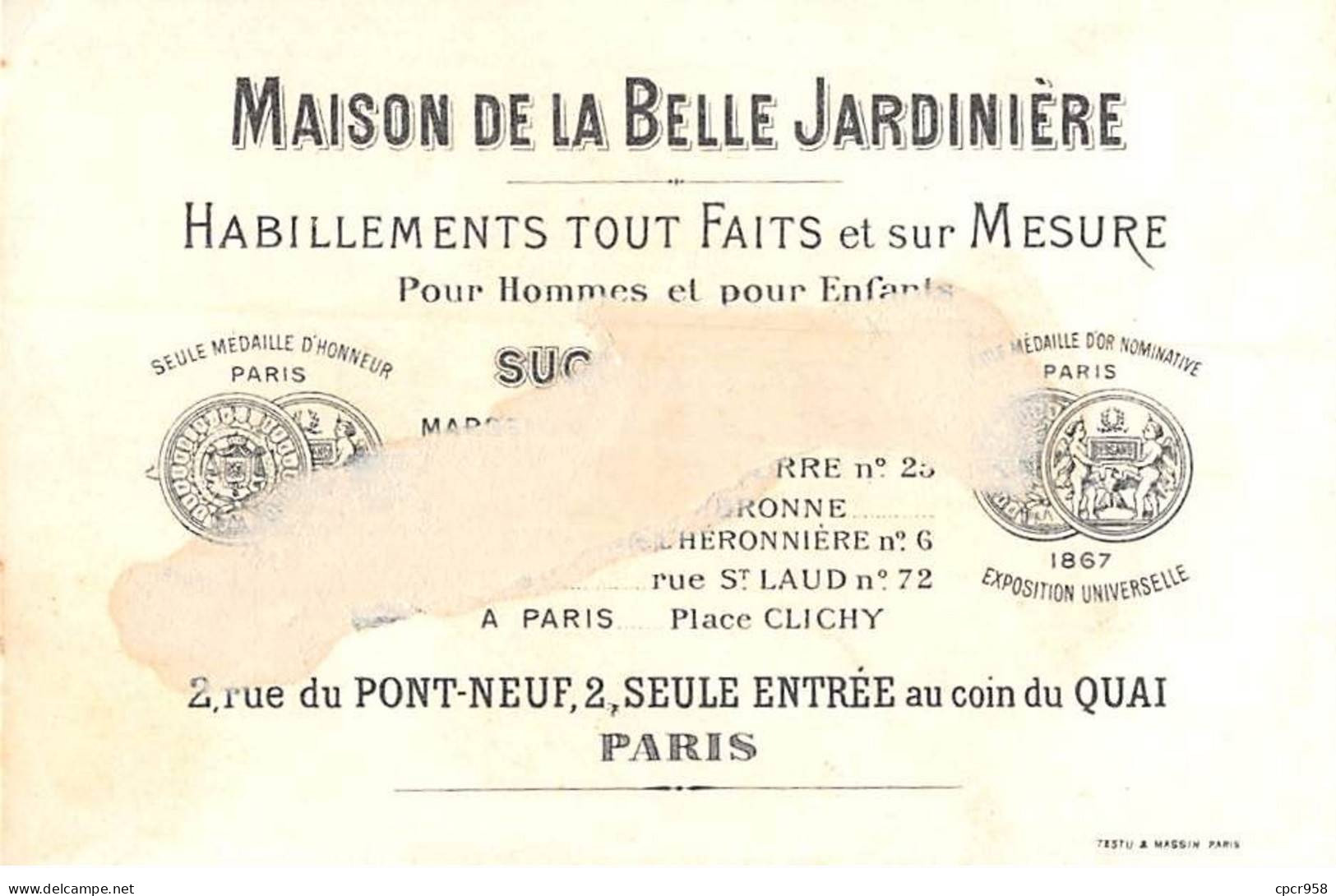 Chromos - COR14747 - Maison De La Belle Jardinière - Homme -Manteau - Plumes - Fond Or - 11x7 Cm Environ - En L'état - Sonstige & Ohne Zuordnung