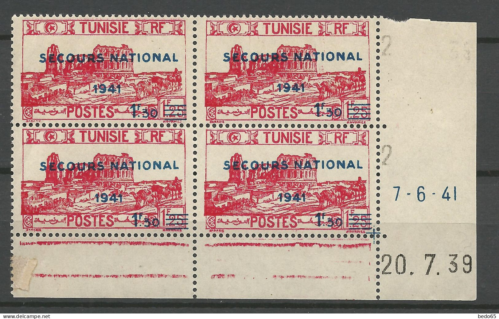 TUNISIE N° 228a Bloc De 4 Coin Daté Surch Recto-verso NEUF** LUXE SANS CHARNIERE NI TRACE / Hingeless  / MNH / Cote 260€ - Unused Stamps
