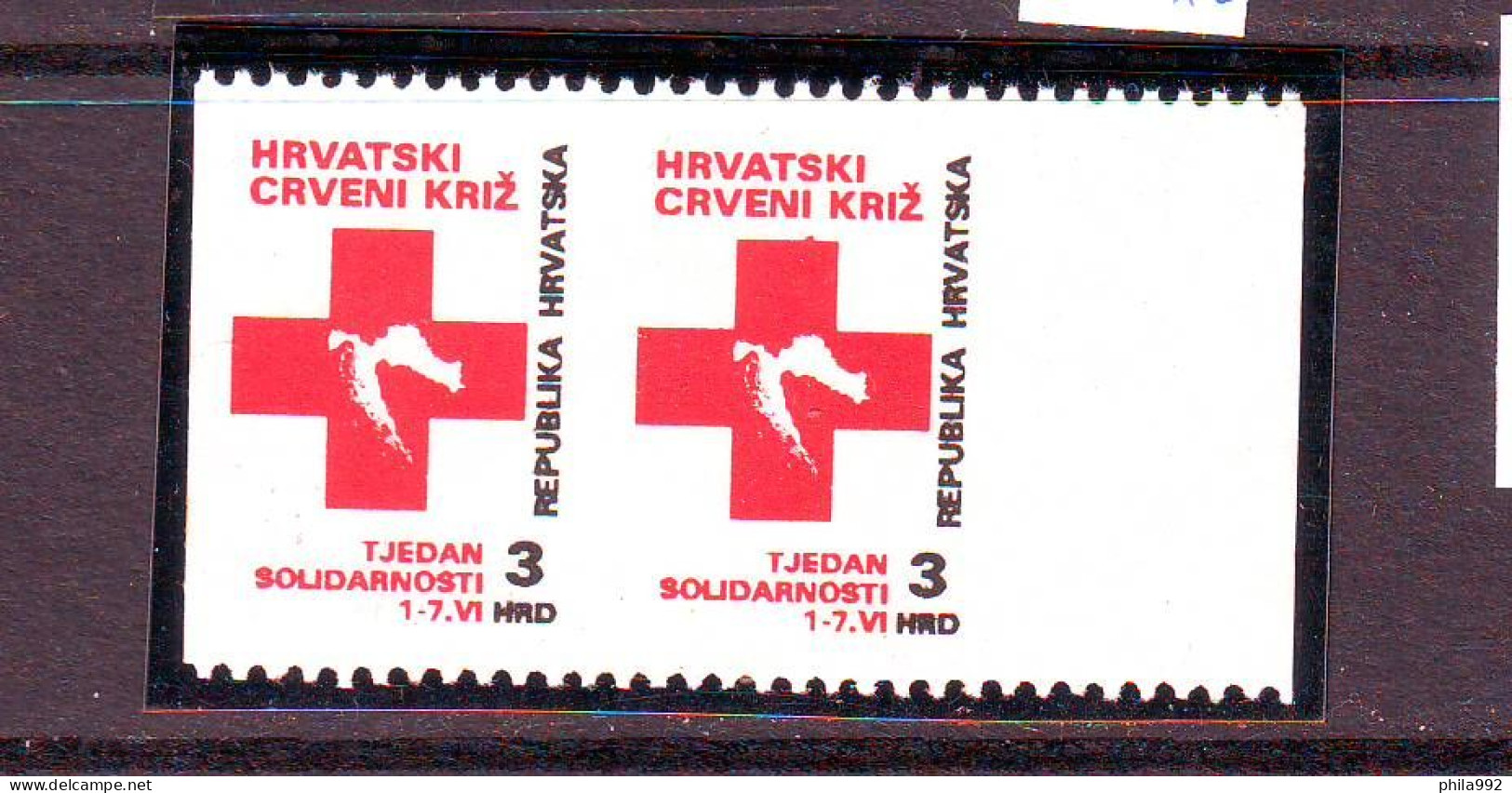 Croatia 1992 Charity Stamp Mi.No 22 Red Cross Solidarity Pair Without Vertical  Toothed Postage Stamp  MNH - Kroatien