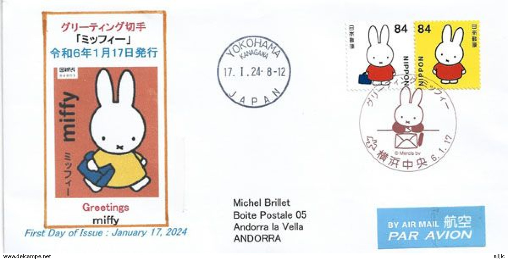 2024. Greetings Miffy Rabbit, Letter FDC Yokohama To Andorra - Briefe U. Dokumente