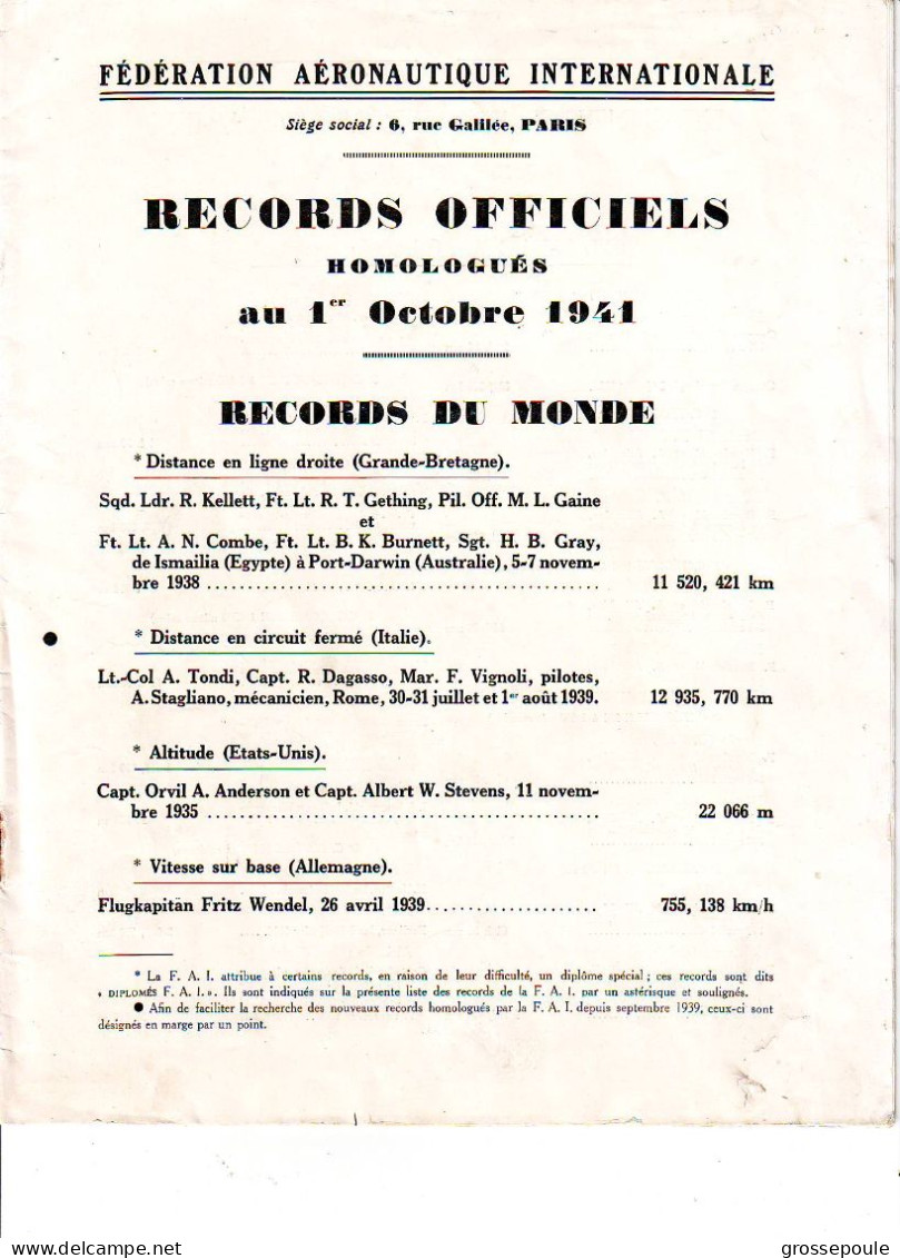 AVIATION - AERONAUTIQUE - RECORDS OFFICIELS HOMOLOGUES AU 1ER OCTOBRE 1941 - AeroAirplanes