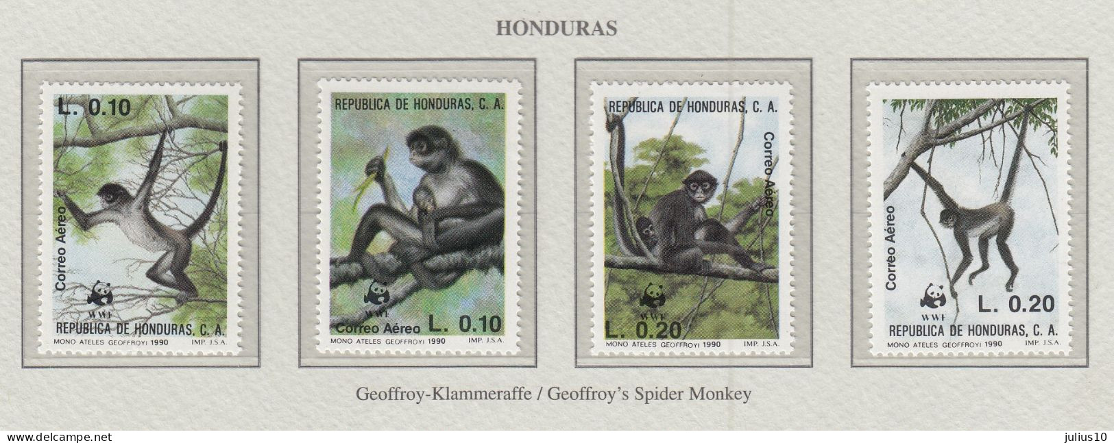 HONDURAS 1990 WWF Mammals Monkeys Mi 1084-1087 MNH(**) Fauna 777 - Monkeys