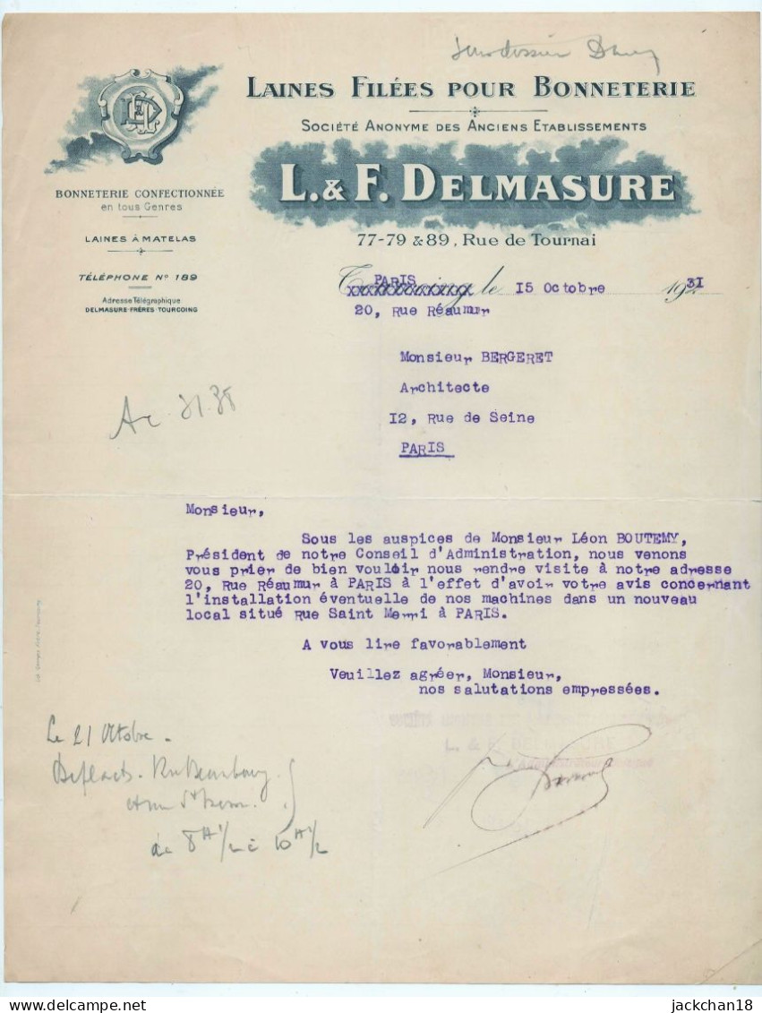 -- LAINES FILEES POUR BONNETERIE / S.A Des Anciens Etablissements L. & F. DELMASURE à TOURCOING  -- - Kleidung & Textil