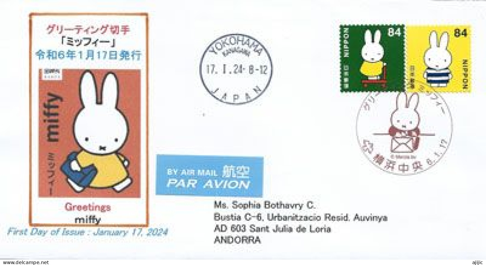 2024.JAPAN.  Greetings Miffy Rabbit, Letter FDC Yokohama To Andorra - Comics