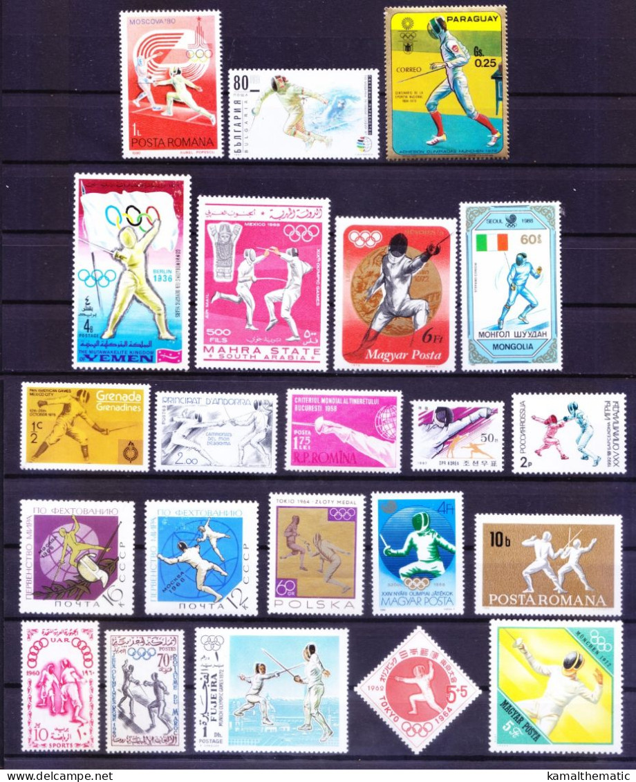 Fencing, Sword Fighting, Sports, Olympic, 22 Different MNH Stamps - Fencing