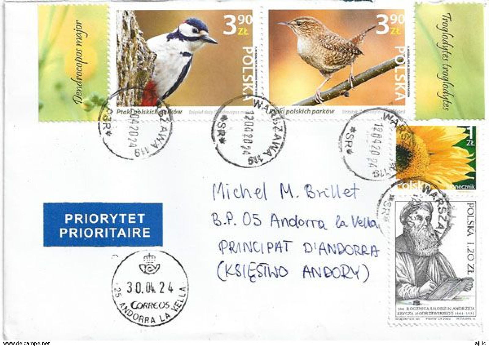 2024.Passereaux De Pologne (Troglodyte Eurasien & Pic épeiche), Letter Poland To Andorra, With Local Arrival Postmark - Covers & Documents