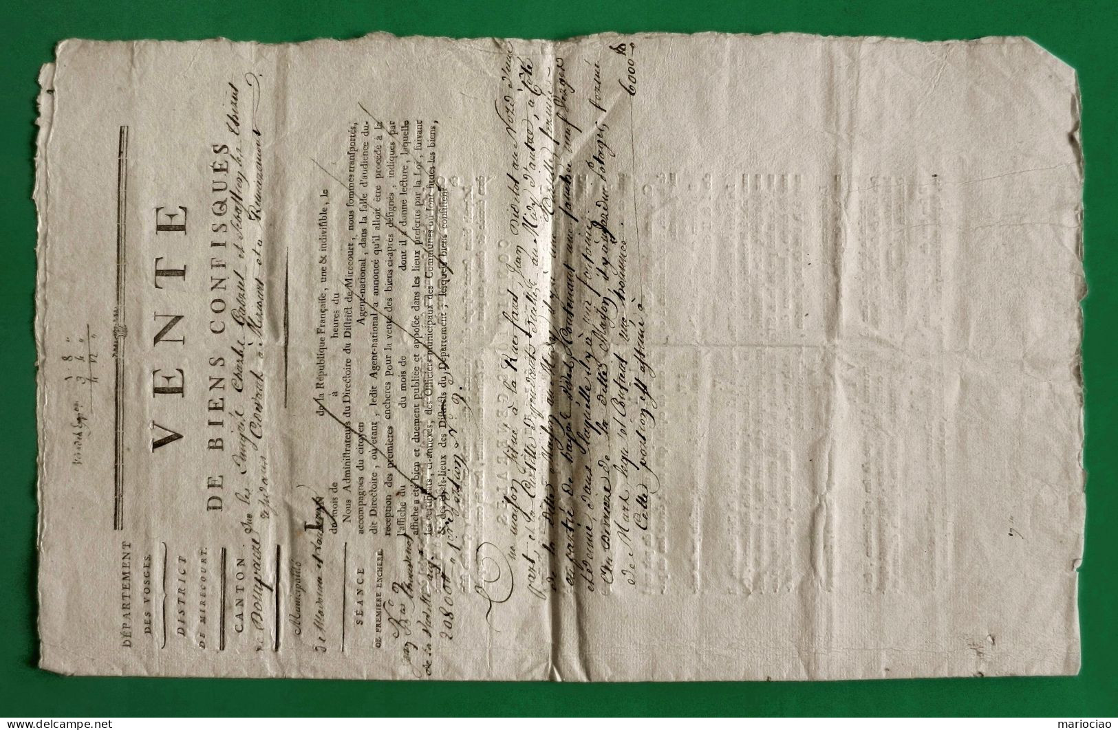 D-FR Révolution 1795 VENTE DE BIENS CONFISQUES AUX EMIGRES Mirecourt Dompaire Epinal-Vosges - Documents Historiques