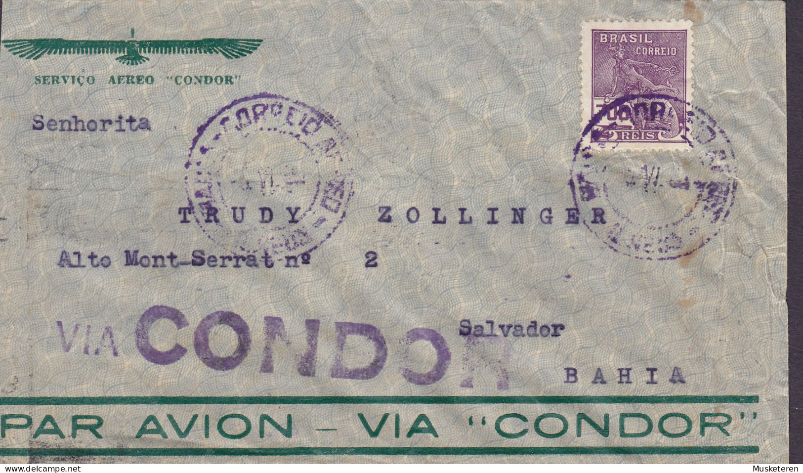 Brazil Par Avion (Purple) VIA CONDOR Line Cds. 1935 Cover Letra To BAHIA (Arr.) 700 Mercury Stamp (2 Scans) - Storia Postale