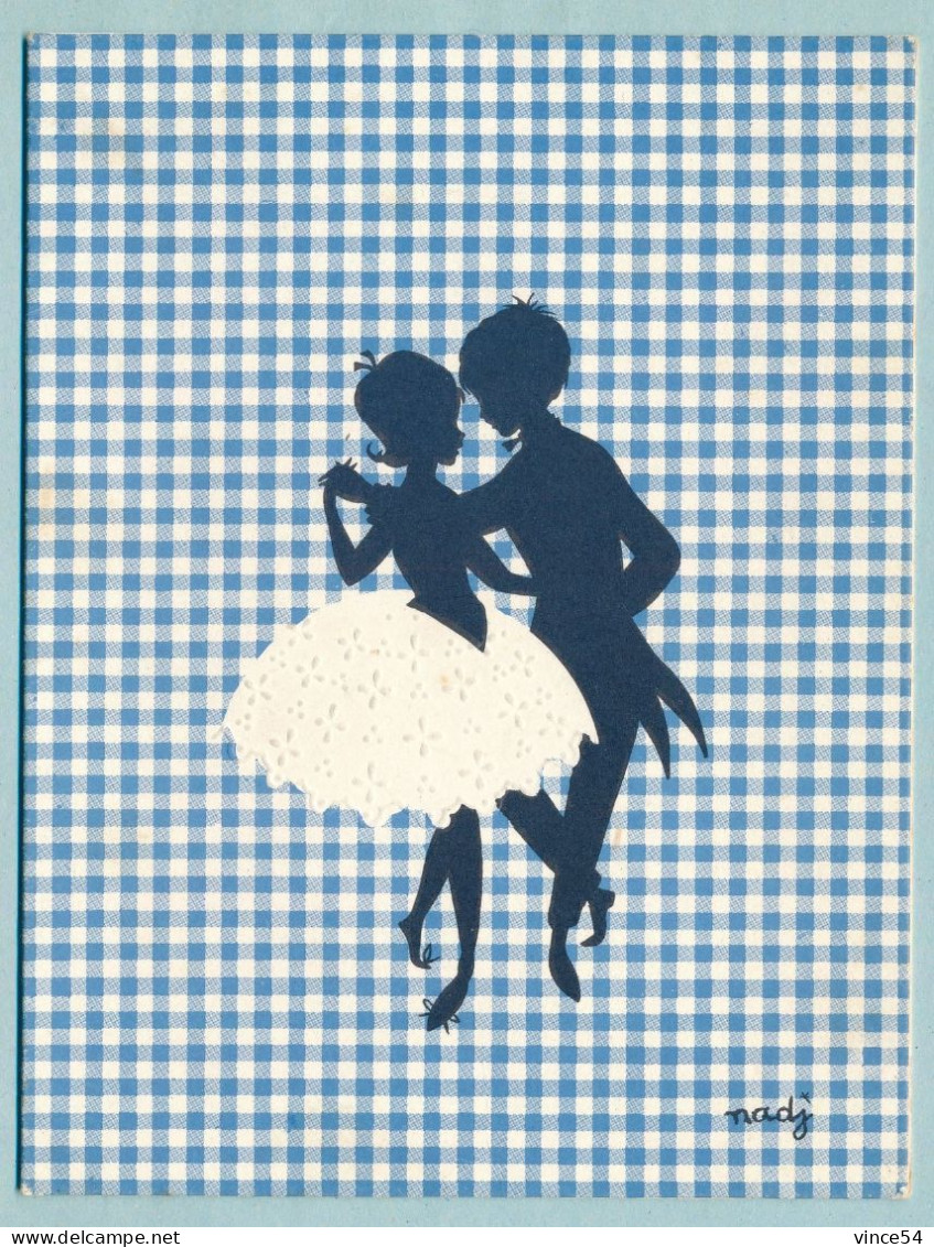 Carte Double Signée Nadj - Silhouette - Couple Qui Danse - Silhouette - Scissor-type